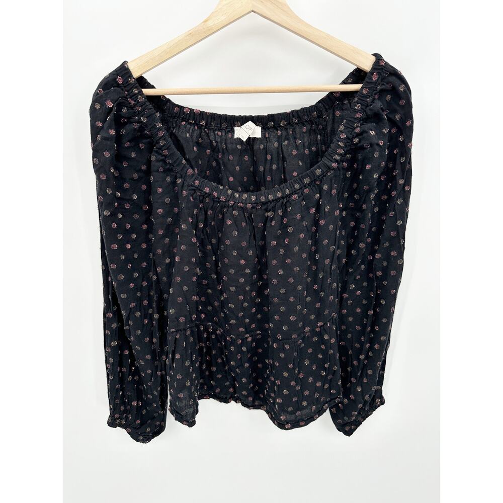 LOFT Womens Top Black Polka Dot Peasant Top Size S‎ Babydoll Shimmer Casual